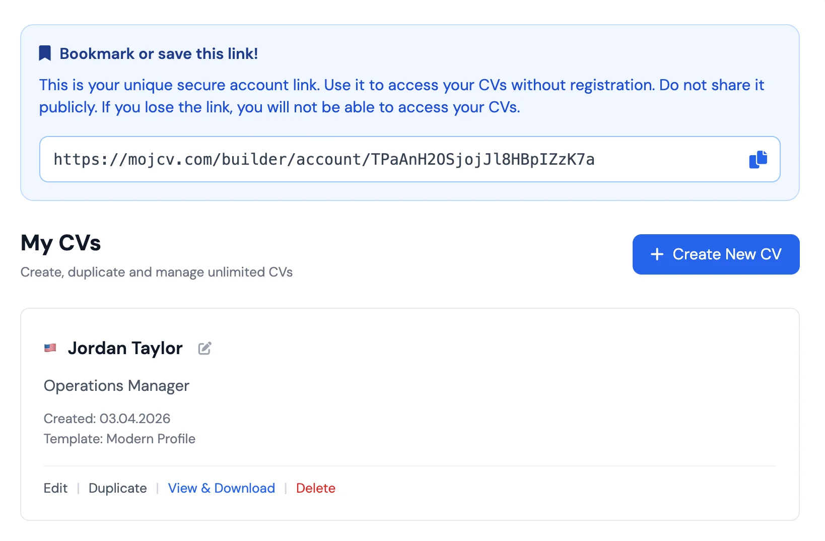 MojCV online CV creator showing the editor fully open without any registration step