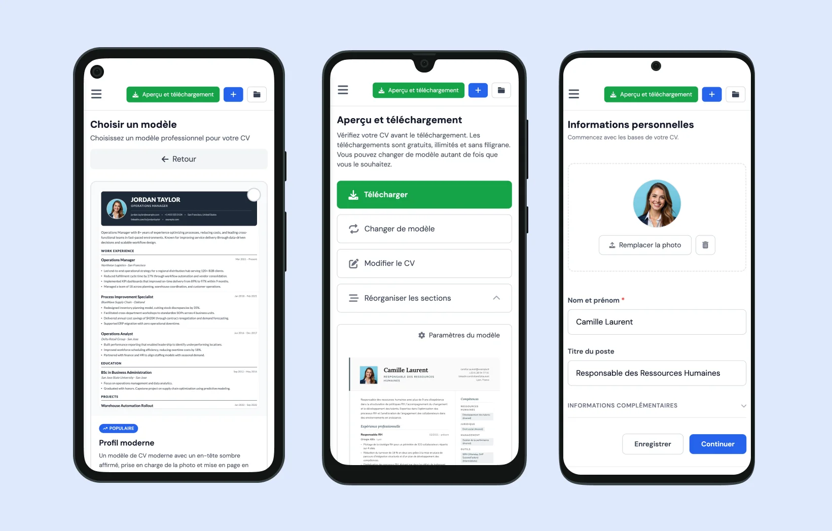 Générateur de CV sur téléphone Android — interface MojCV sur mobile