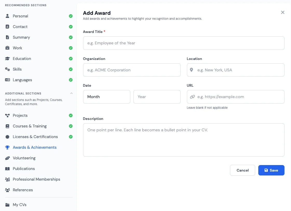 Awards & Achievements section in a free resume builder