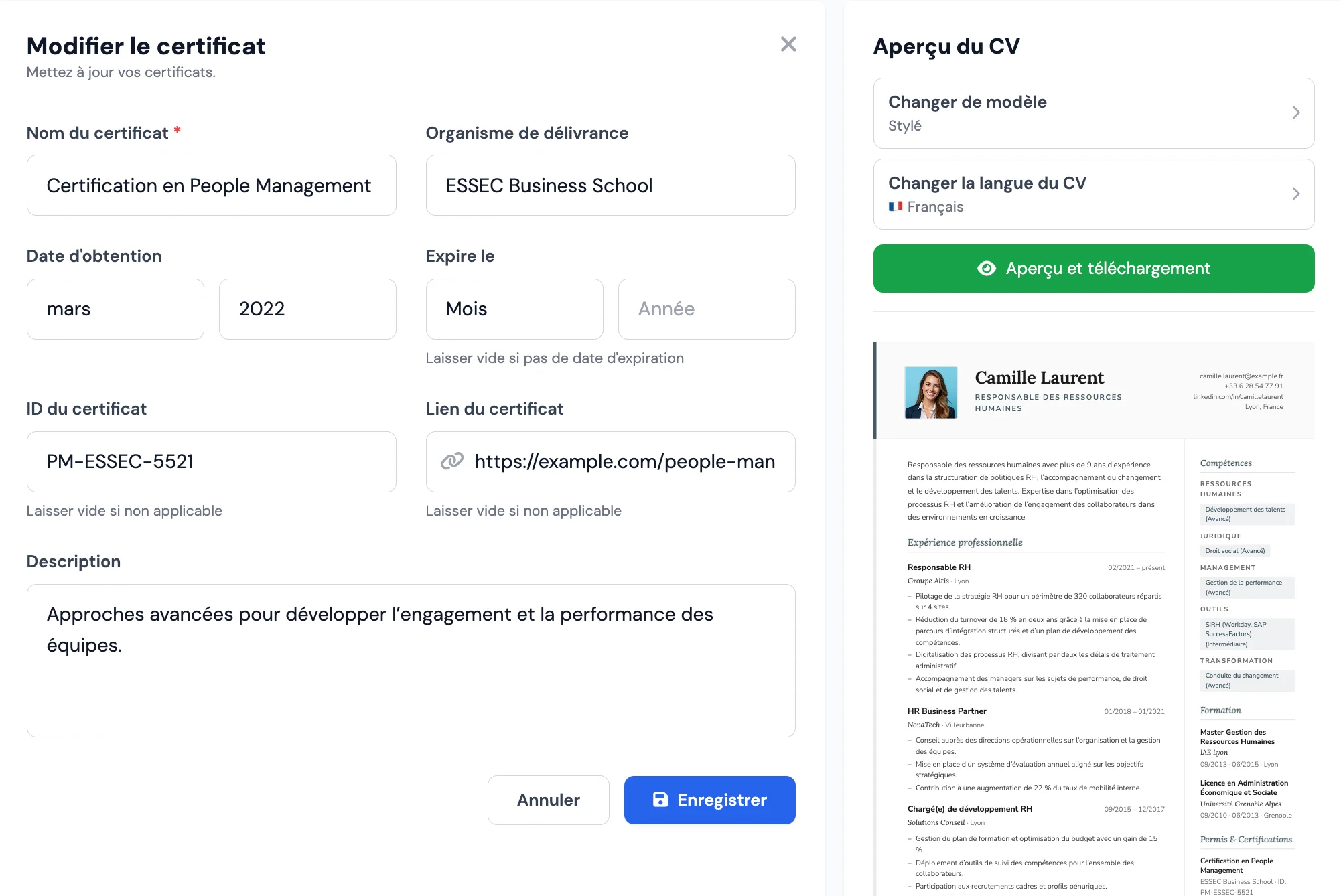 Rubrique prix et réalisations dans le CV sur MojCV