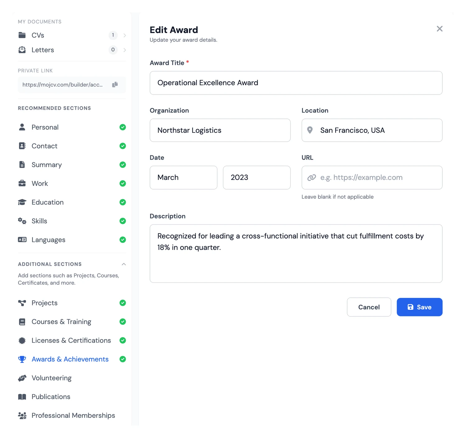 Awards & Achievements section in a free resume builder