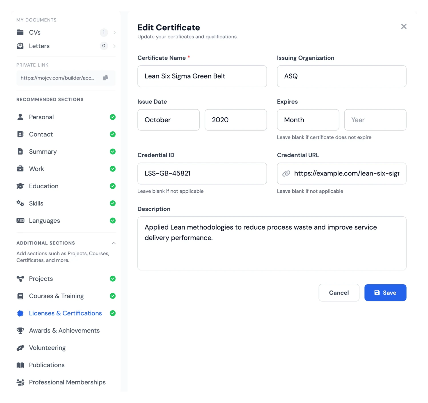 Licenses & Certifications section in an online CV builder