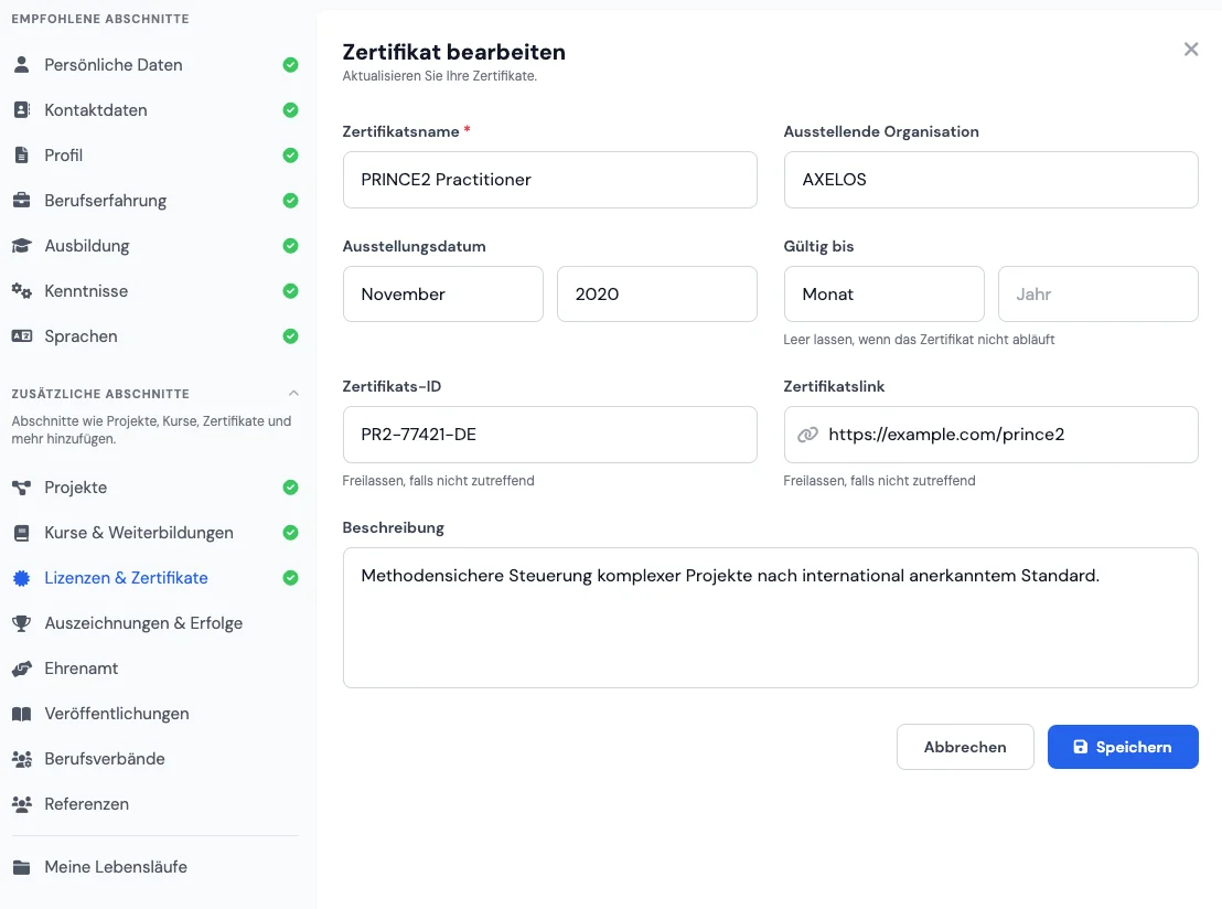 Sektion Zertifikate und Führerschein im Online-Lebenslauf-Editor
