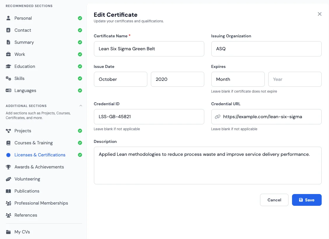 Licenses & Certifications section in an online CV builder