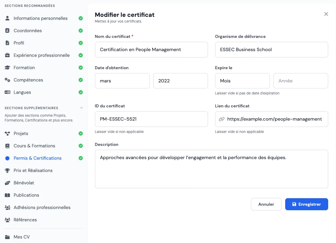 Rubrique Permis & Certifications dans un logiciel de CV gratuit