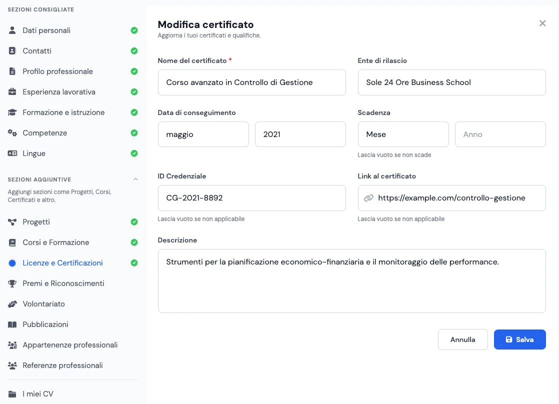 Sezione Licenze e Certificazioni nel creatore di curriculum online