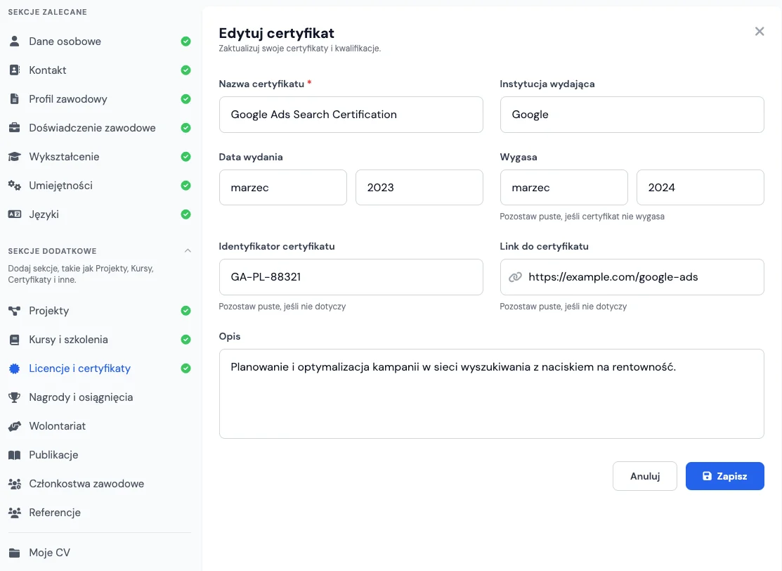 Sekcja Licencje i certyfikaty w kreatorze CV online