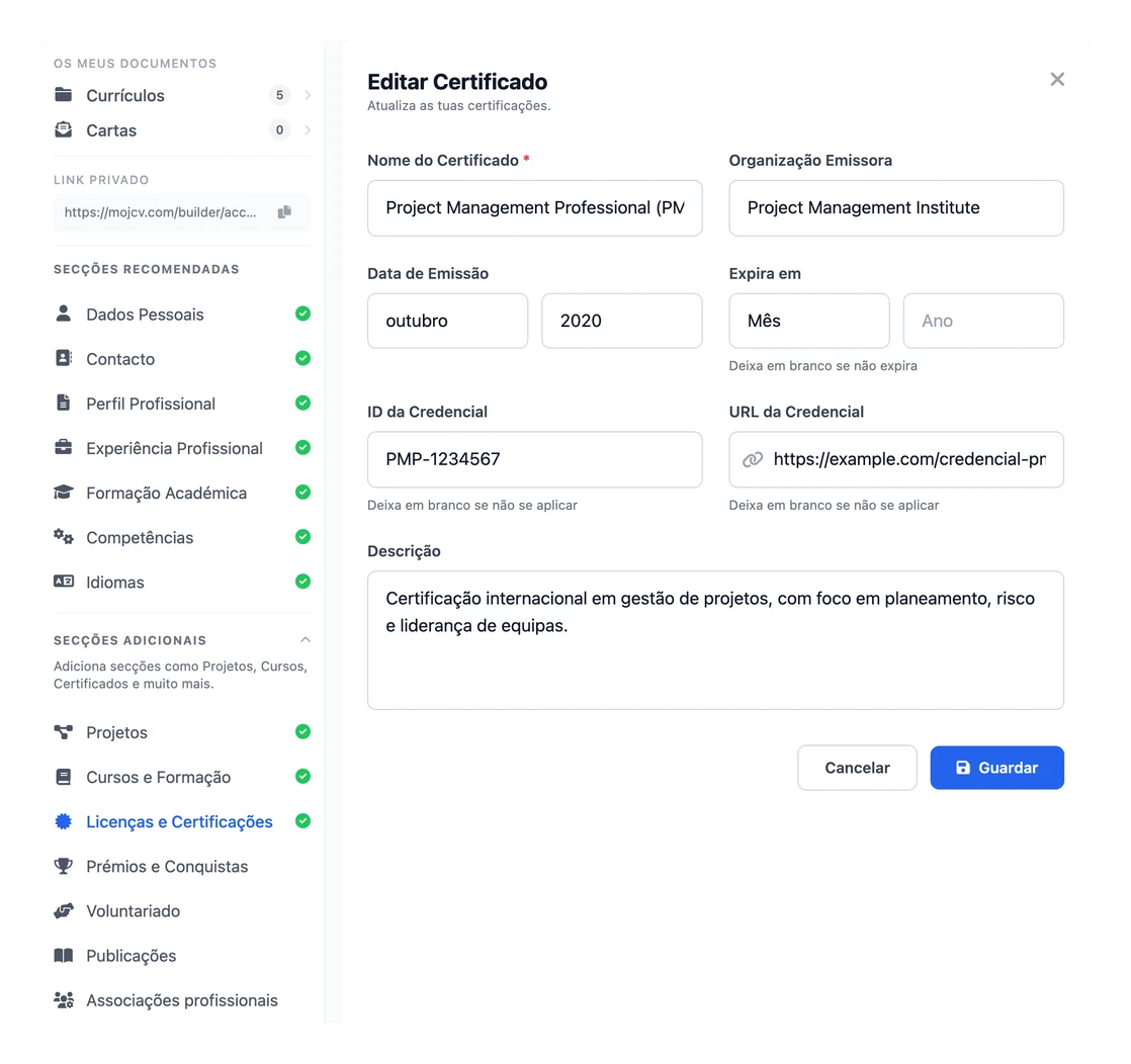 A secção Licenças e Certificações no criador de CV online