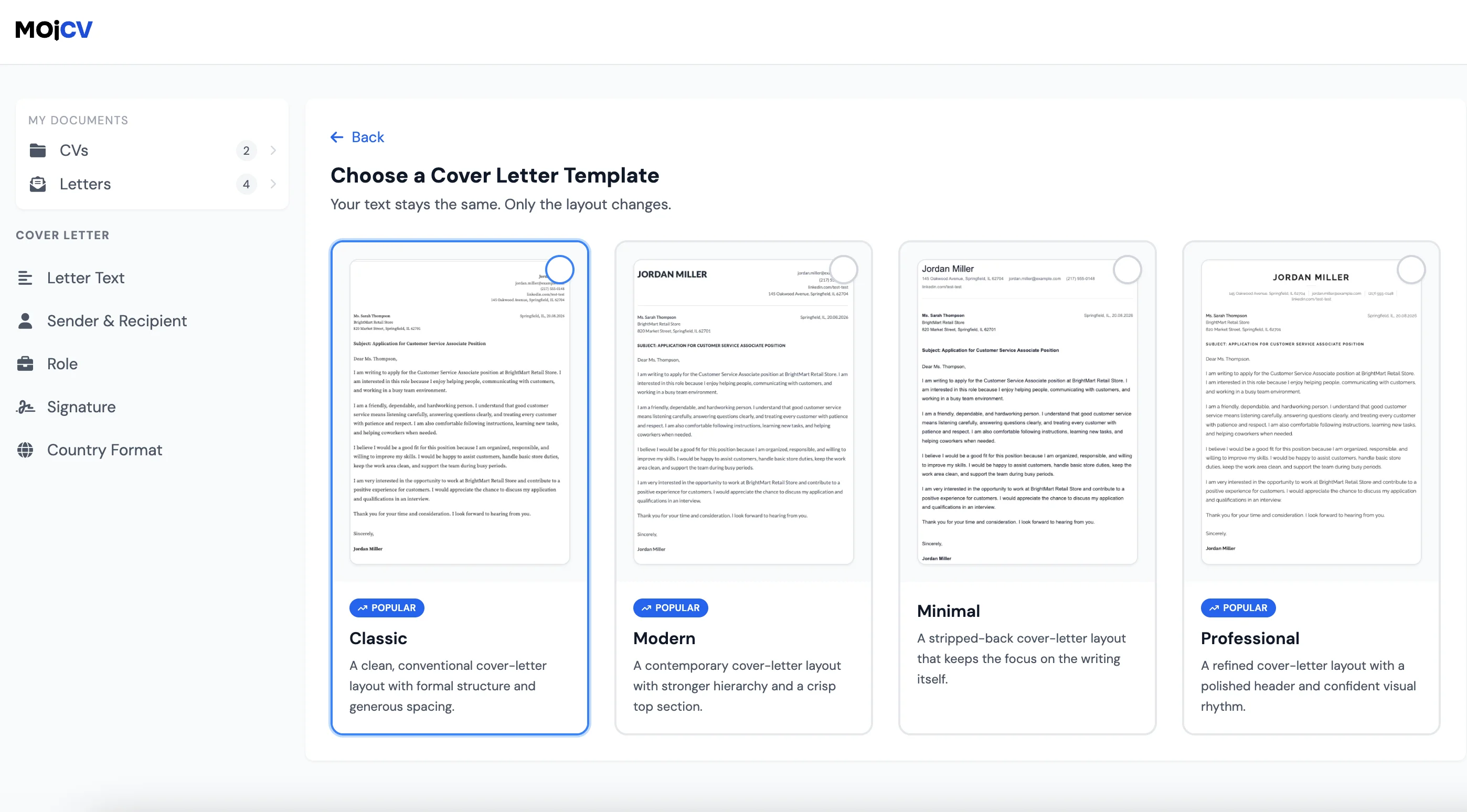 Sélection d'un modèle de lettre de motivation professionnel dans MojCV