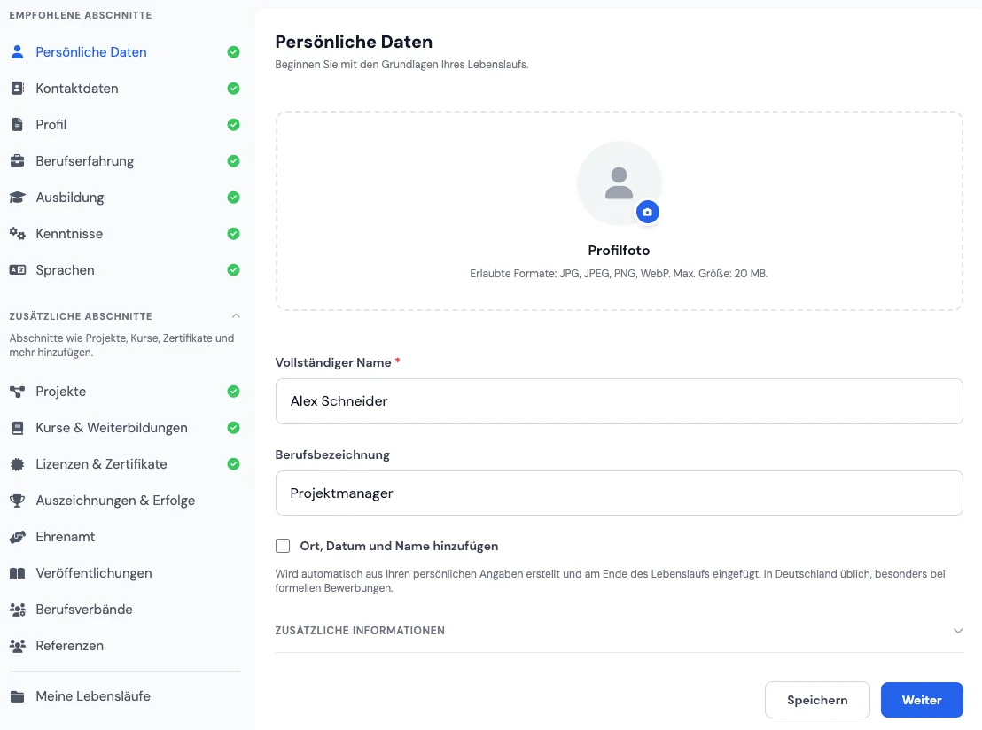 Sektionen Persönliche Daten, Kontakt und Profil im Online-Lebenslauf-Editor