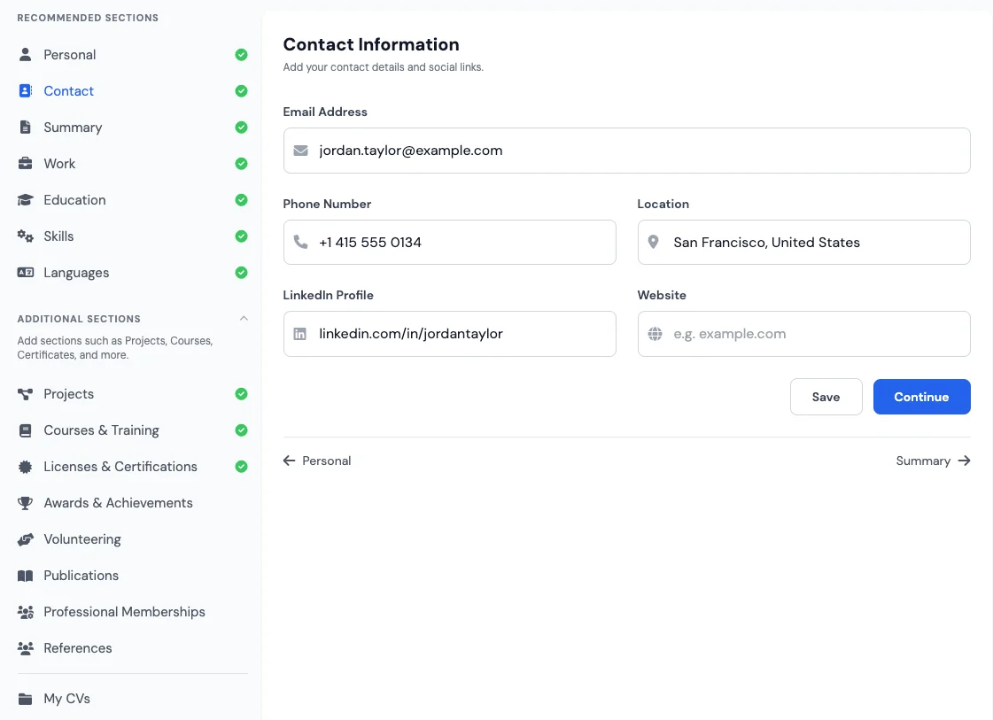 Personal, contact and summary sections in a free CV builder