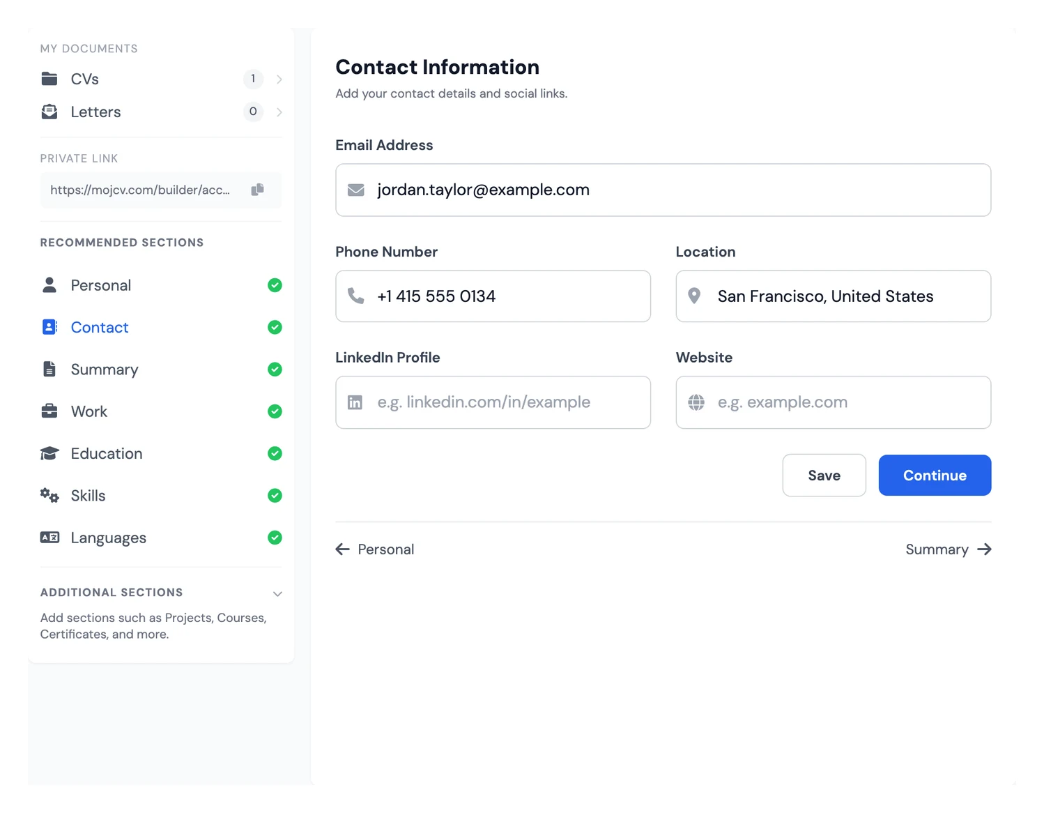Personal, contact and summary sections in a free CV builder