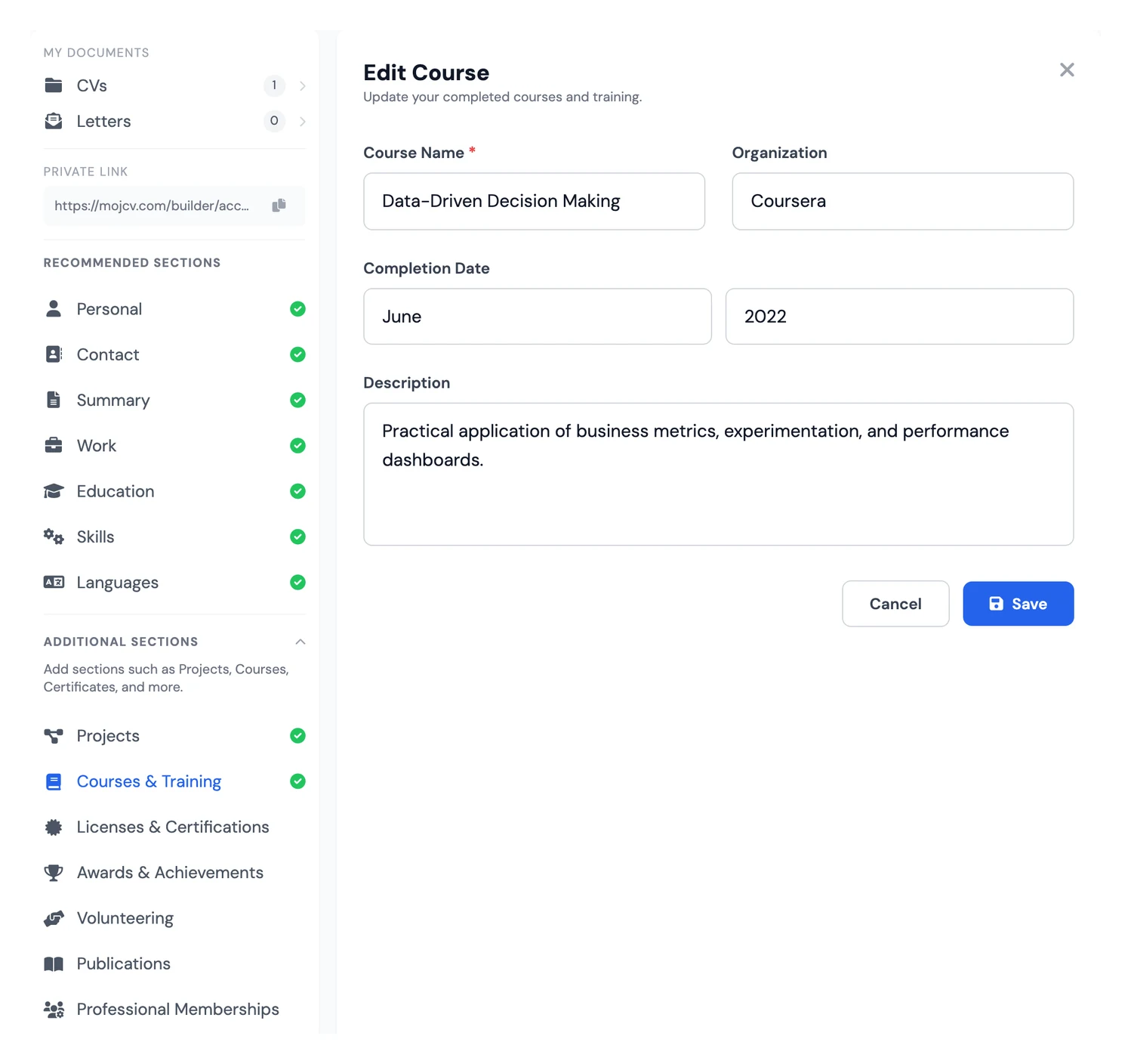 Courses & Training section in a free CV and resume builder
