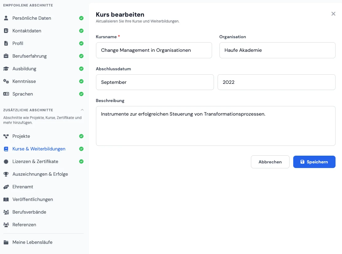 Sektion Kurse und Weiterbildung im Online-Lebenslauf-Editor