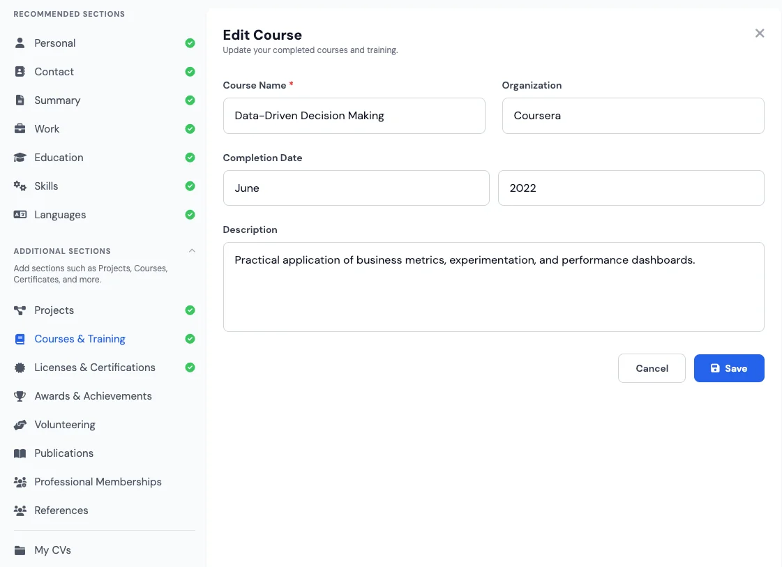 Courses & Training section in a free CV and resume builder