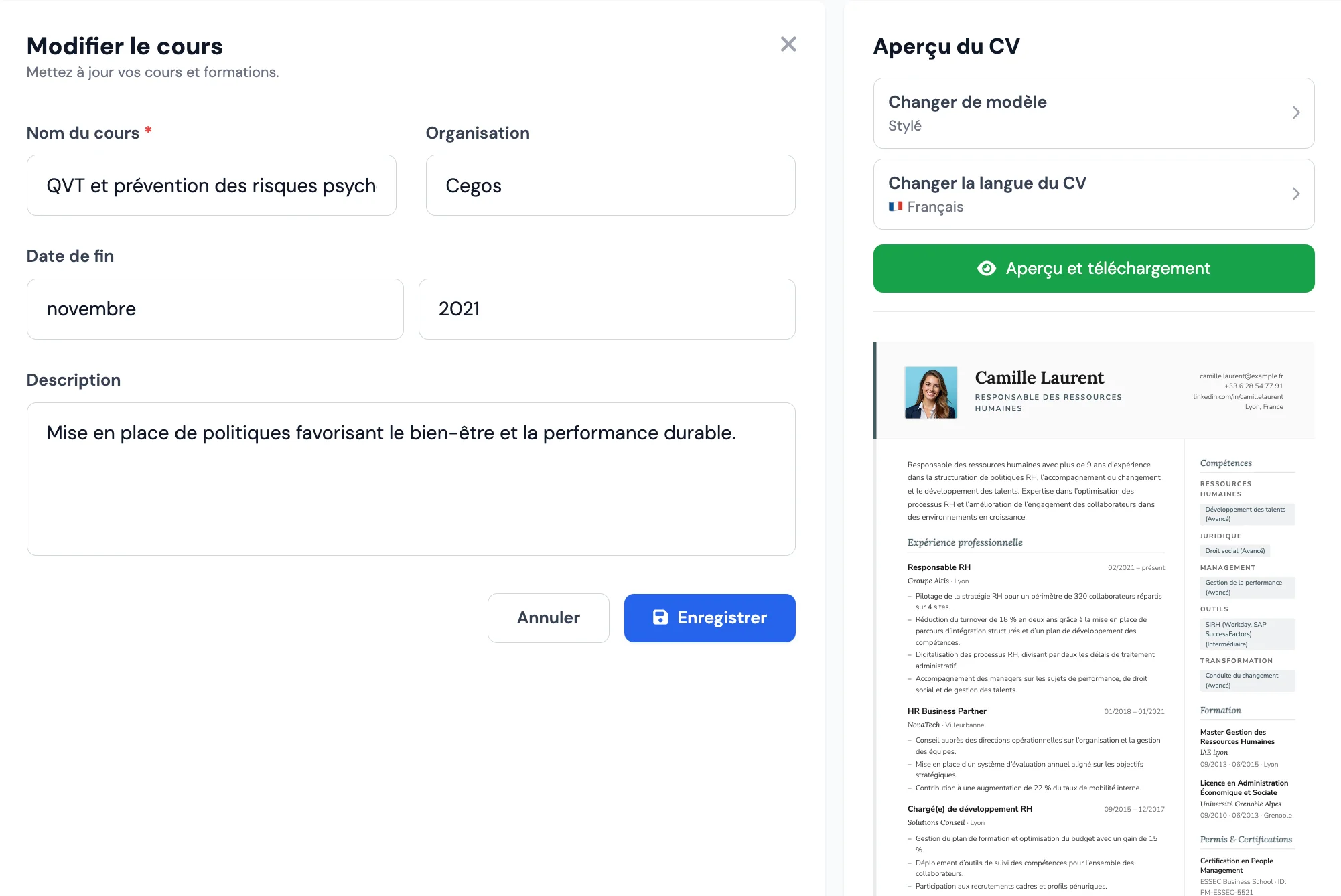 Rubrique certifications et permis dans le CV sur MojCV