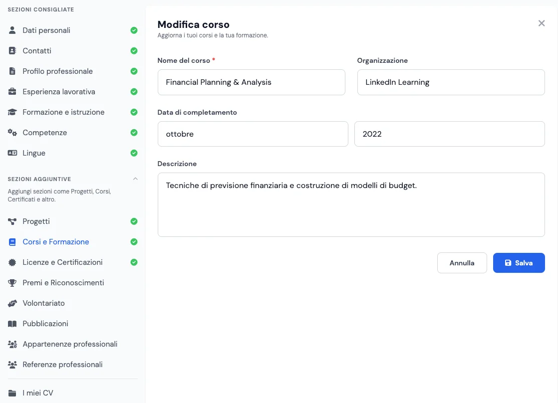 Sezione Corsi e Formazione nel creatore di curriculum vitae online