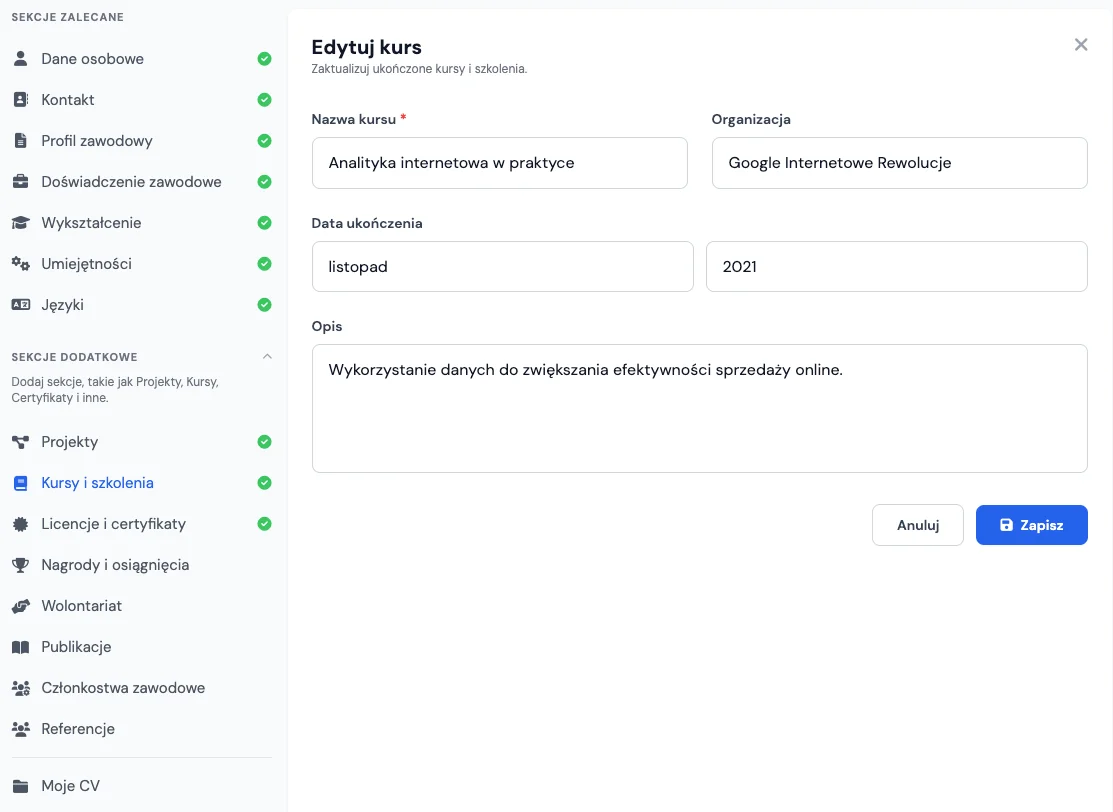 Sekcja Kursy i szkolenia w kreatorze CV online