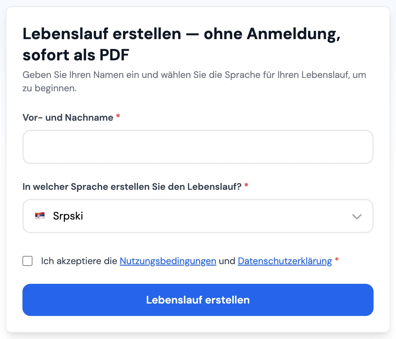 MojCV Editor, CV ohne Account erstellen, direkt loslegen