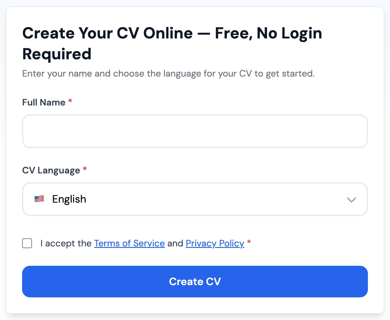 MojCV resume builder showing the start screen where only a name is required