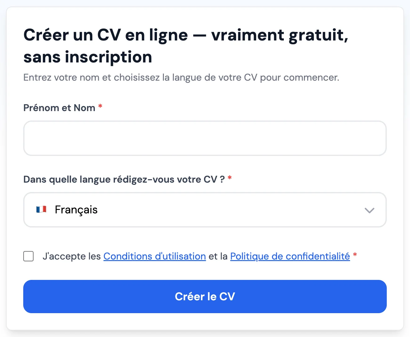 Éditeur MojCV, commencer un CV sans compte ni inscription