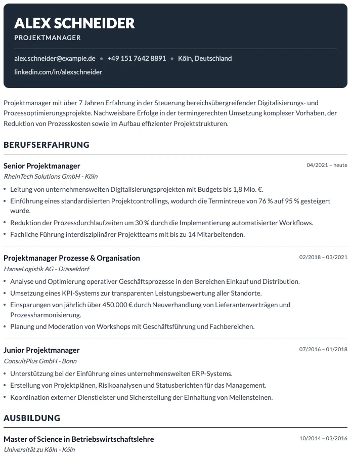 Lebenslauf-Sektionen verwalten im kostenlosen Online-Editor