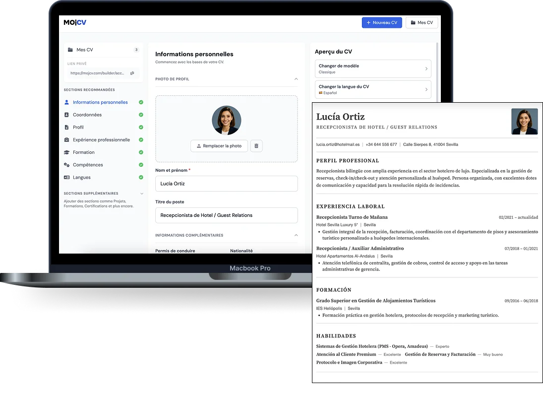 Aperçu modèle de CV en espagnol sur MojCV