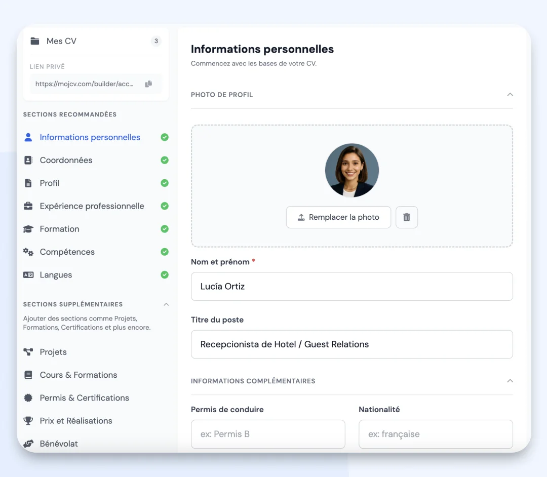 CV en espagnol avec photo sur MojCV