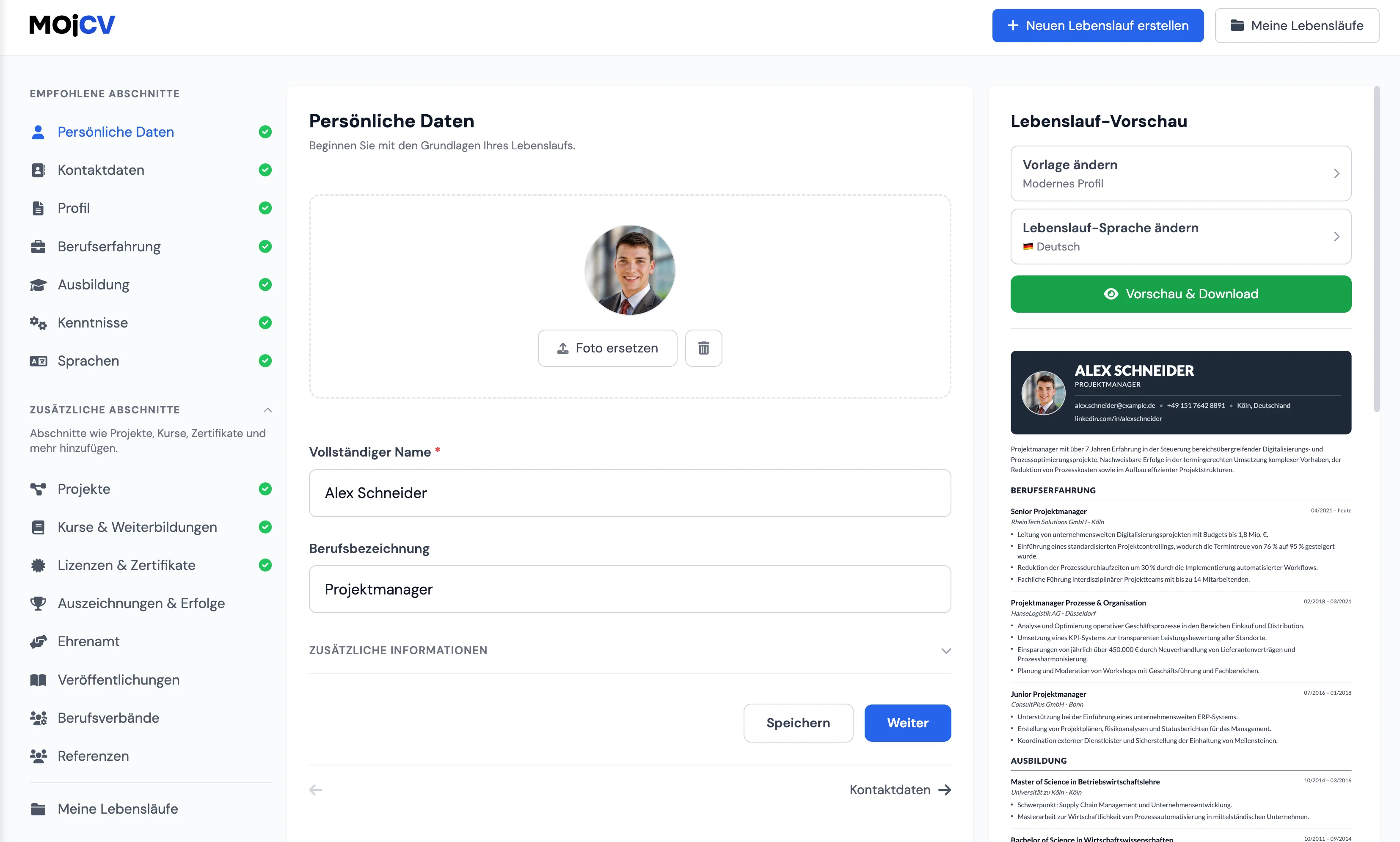 MojCV Lebenslauf-Generator, ohne Anmeldung, ohne Registrierung, ohne Konto