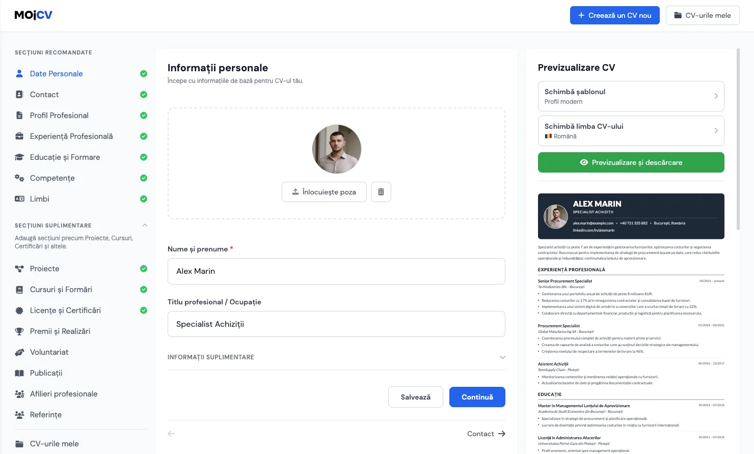Interfața MojCV cu un CV profesional finalizat, gata de descărcat în format PDF
