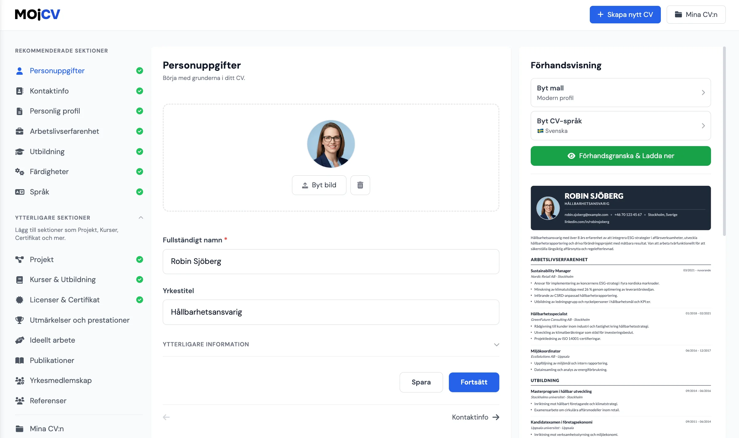 MojCV gratis CV-byggargränssnitt med ett komplett professionellt CV redo att laddas ner som PDF