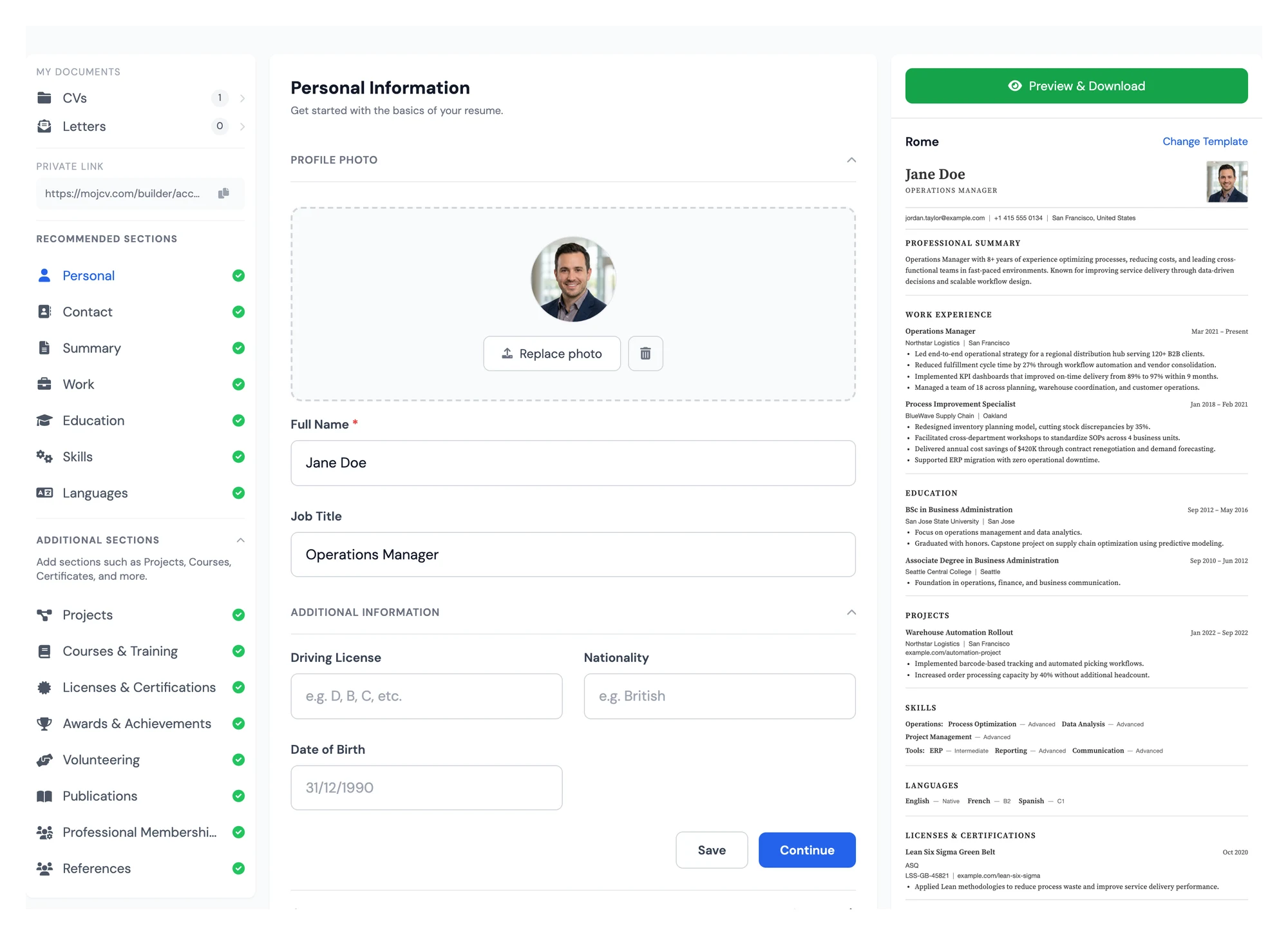 All CV and resume sections available in the online builder