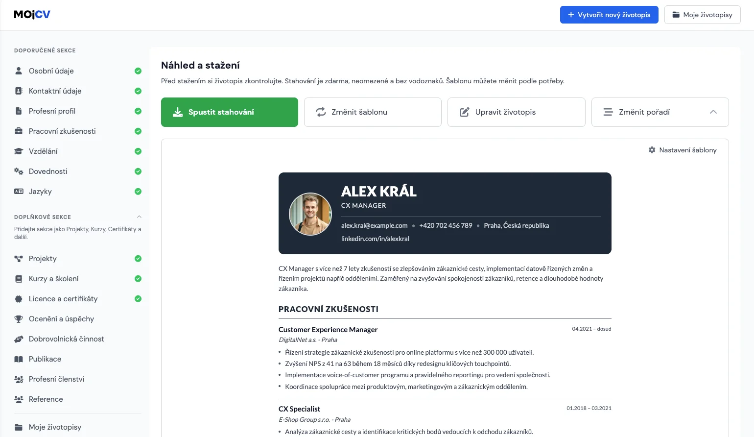 Stažení hotového životopisu v PDF z MojCV