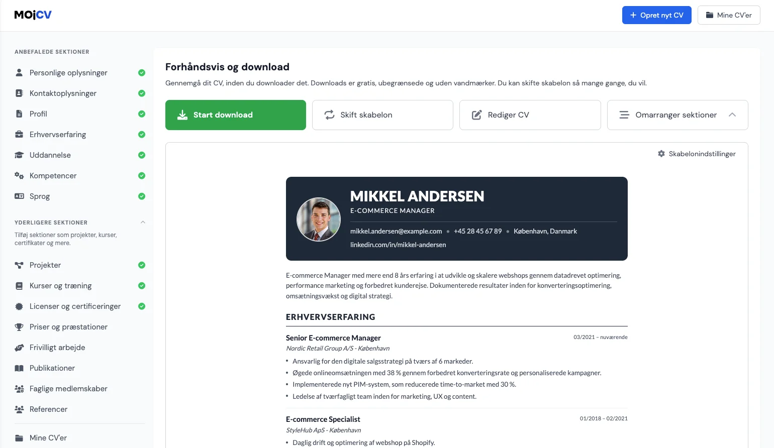 MojCV-grænsefladen med funktioner til oprettelse af et professionelt CV