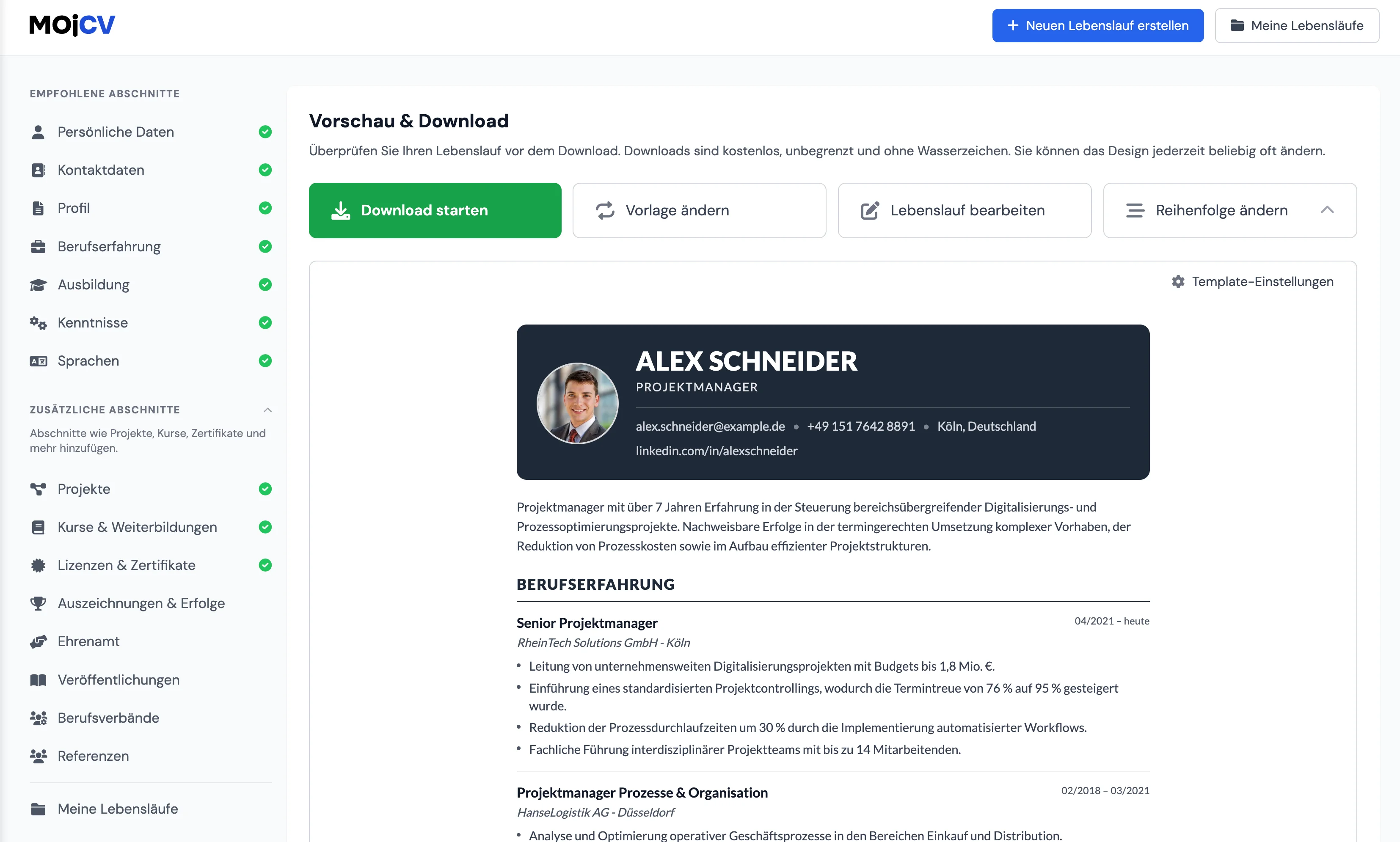 Lebenslauf gratis als PDF herunterladen, ohne Account, ohne Wasserzeichen