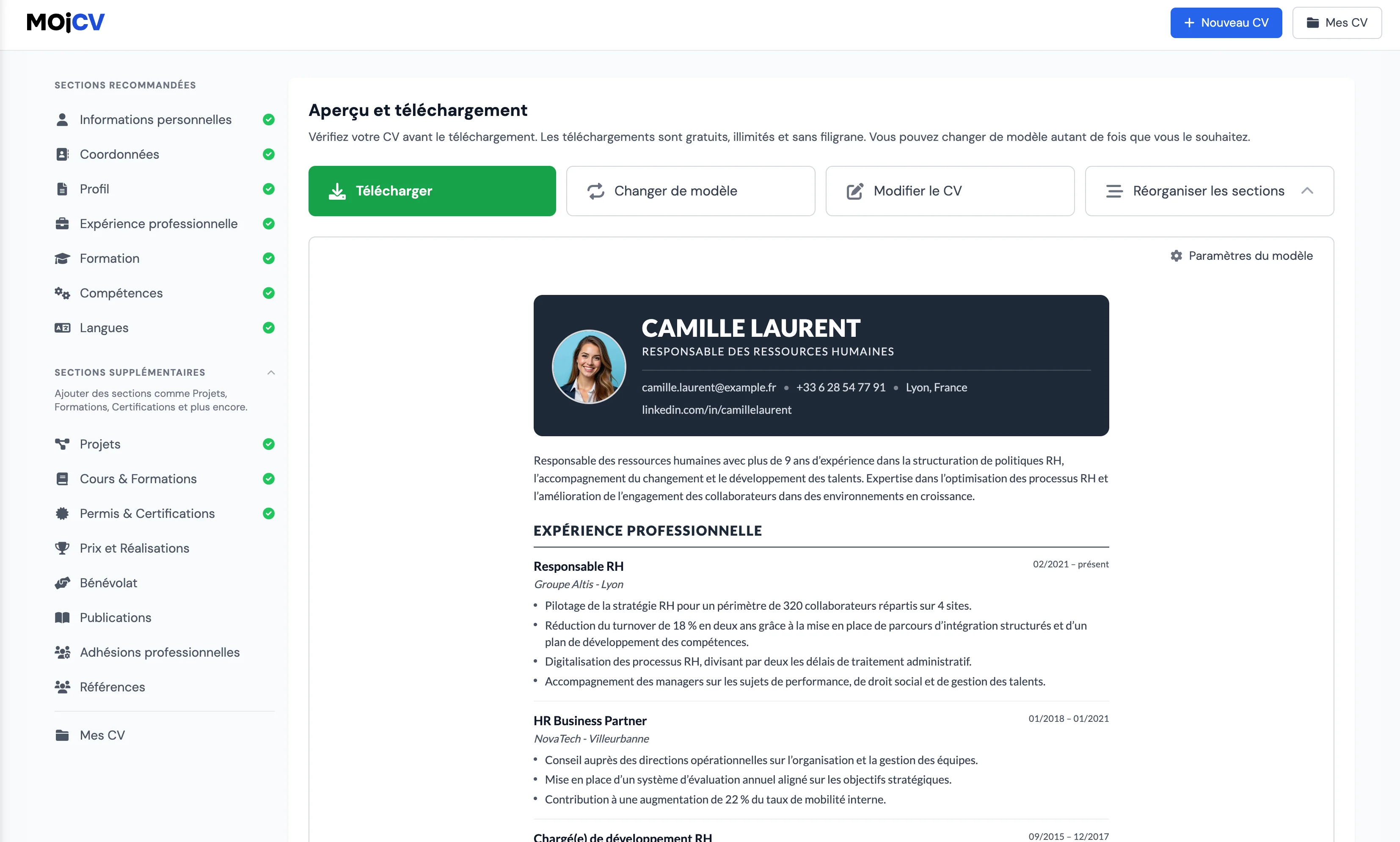 Téléchargement du CV terminé en PDF sur MojCV