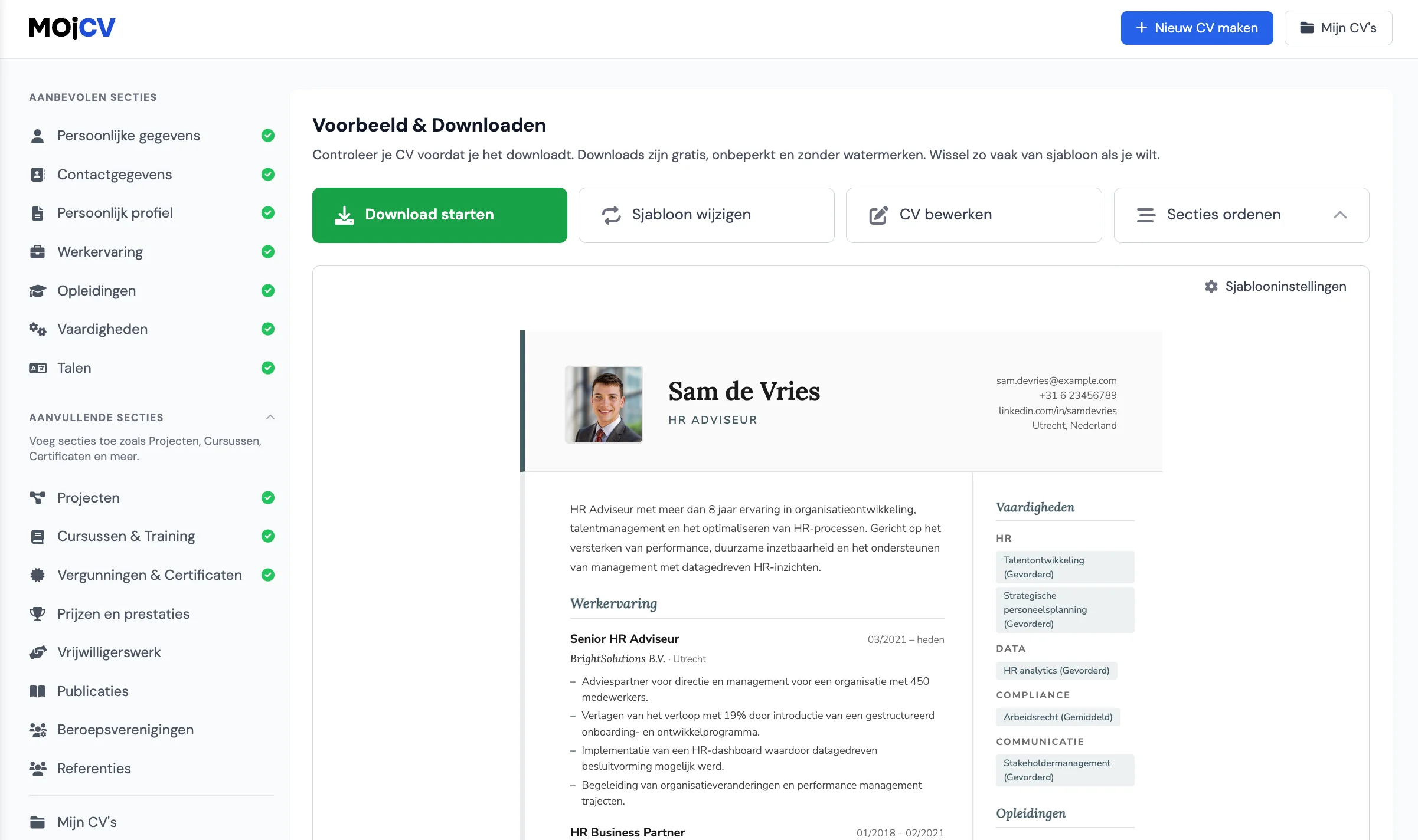 MojCV-dashboard met professionele cv-bouwfuncties