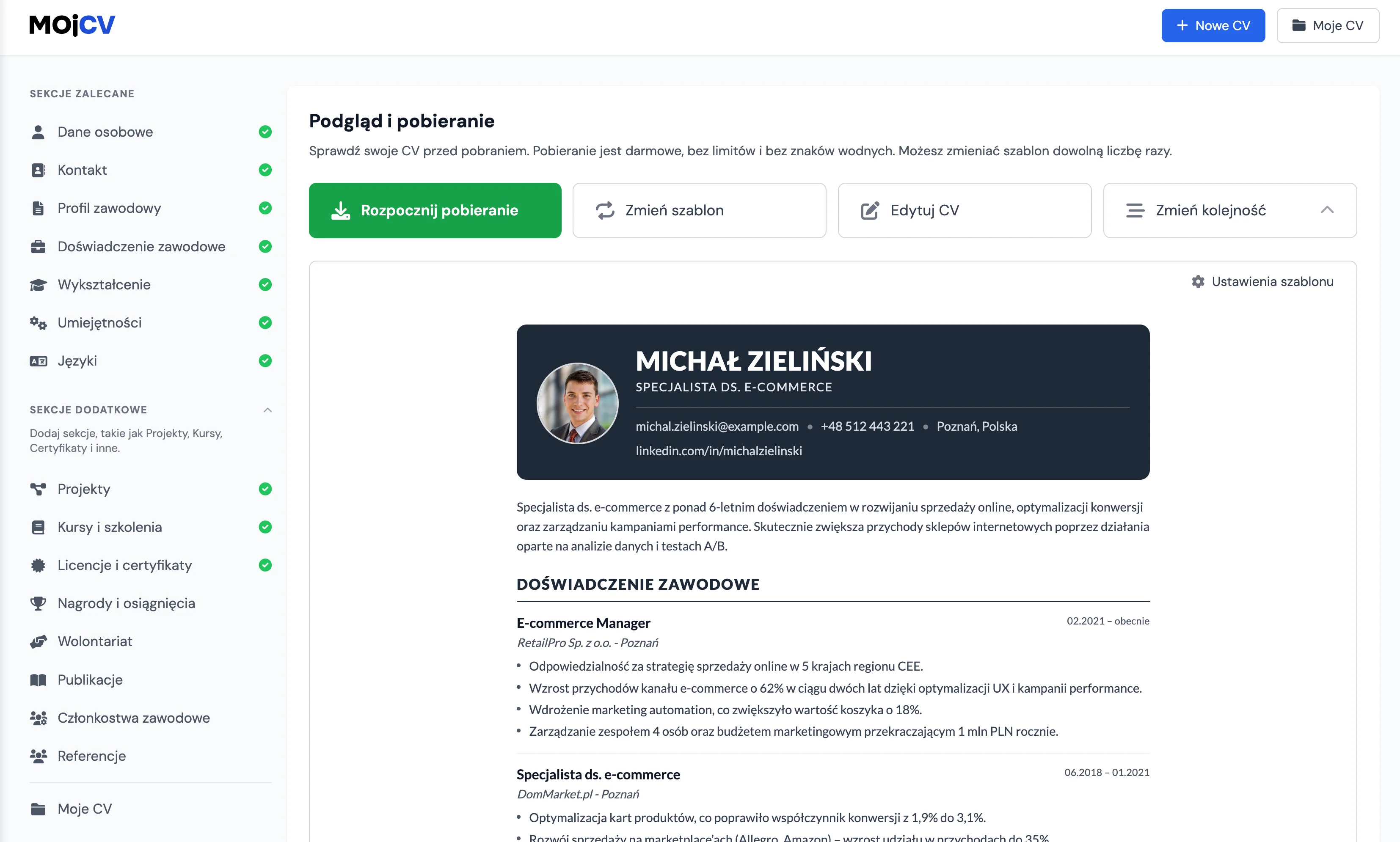 Pobieranie gotowego życiorysu w formacie PDF z MojCV