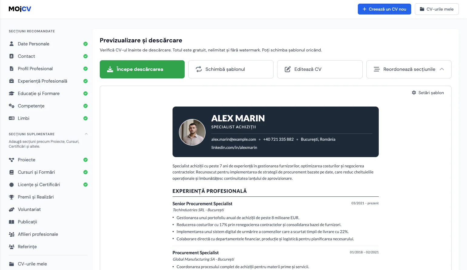 Descărcarea CV-ului finalizat în format PDF din MojCV