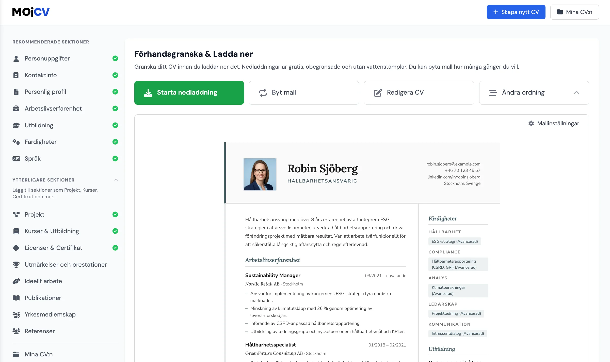 Ladda ner ett färdigt CV som PDF från MojCV