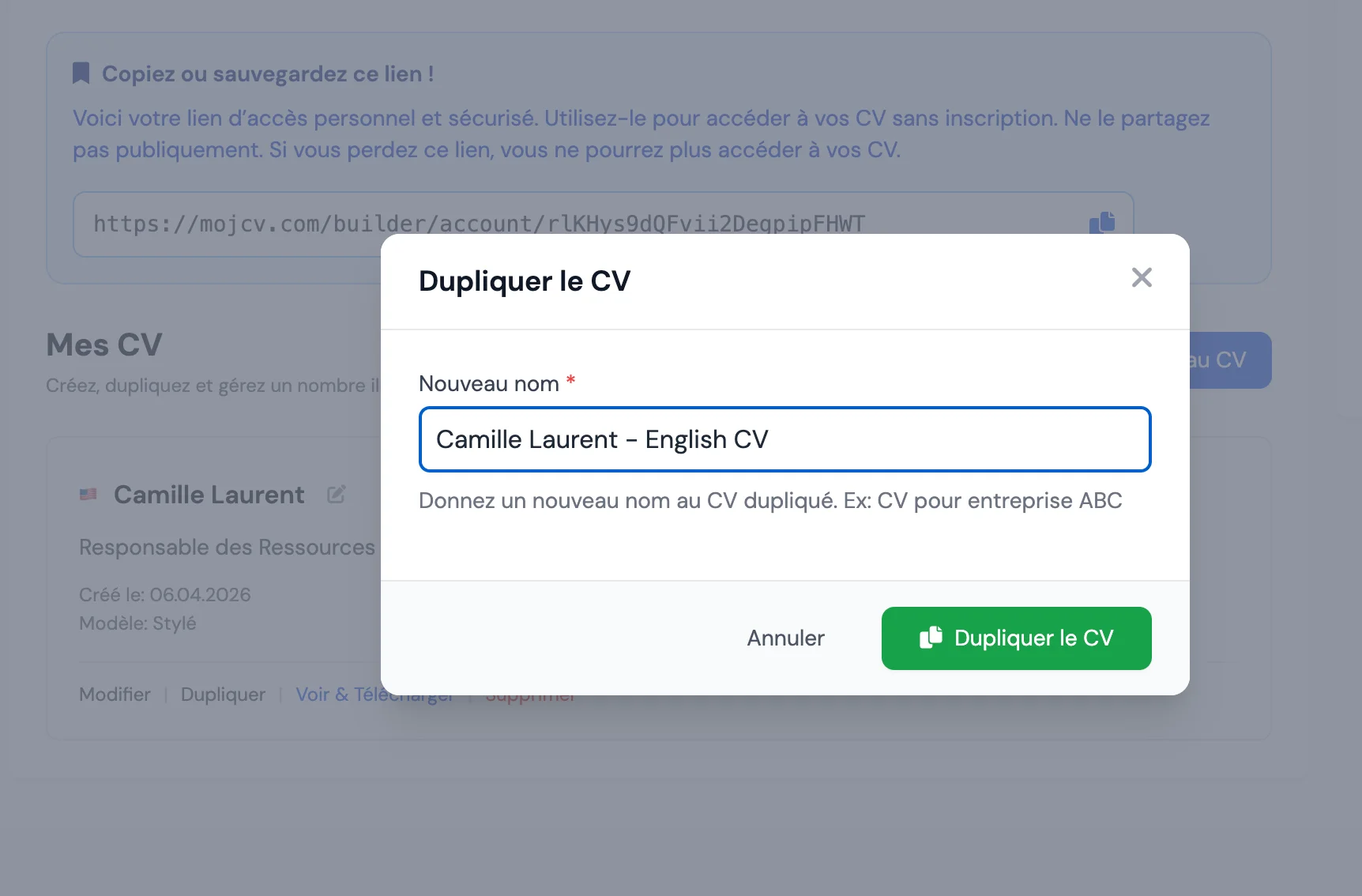Dupliquer son CV français pour créer une version anglaise sur MojCV