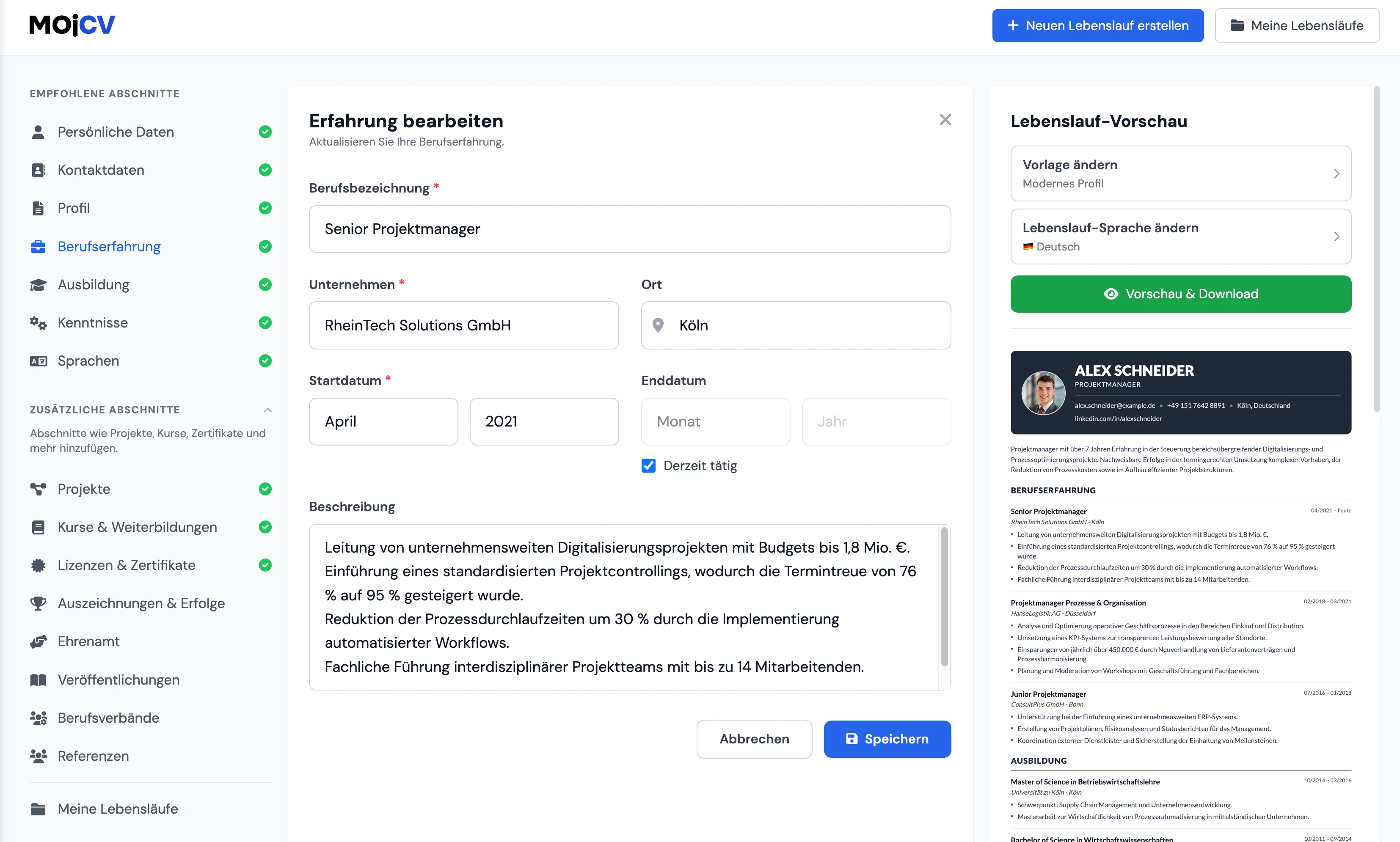 Eingabe von Berufserfahrung und Skills im MojCV Editor