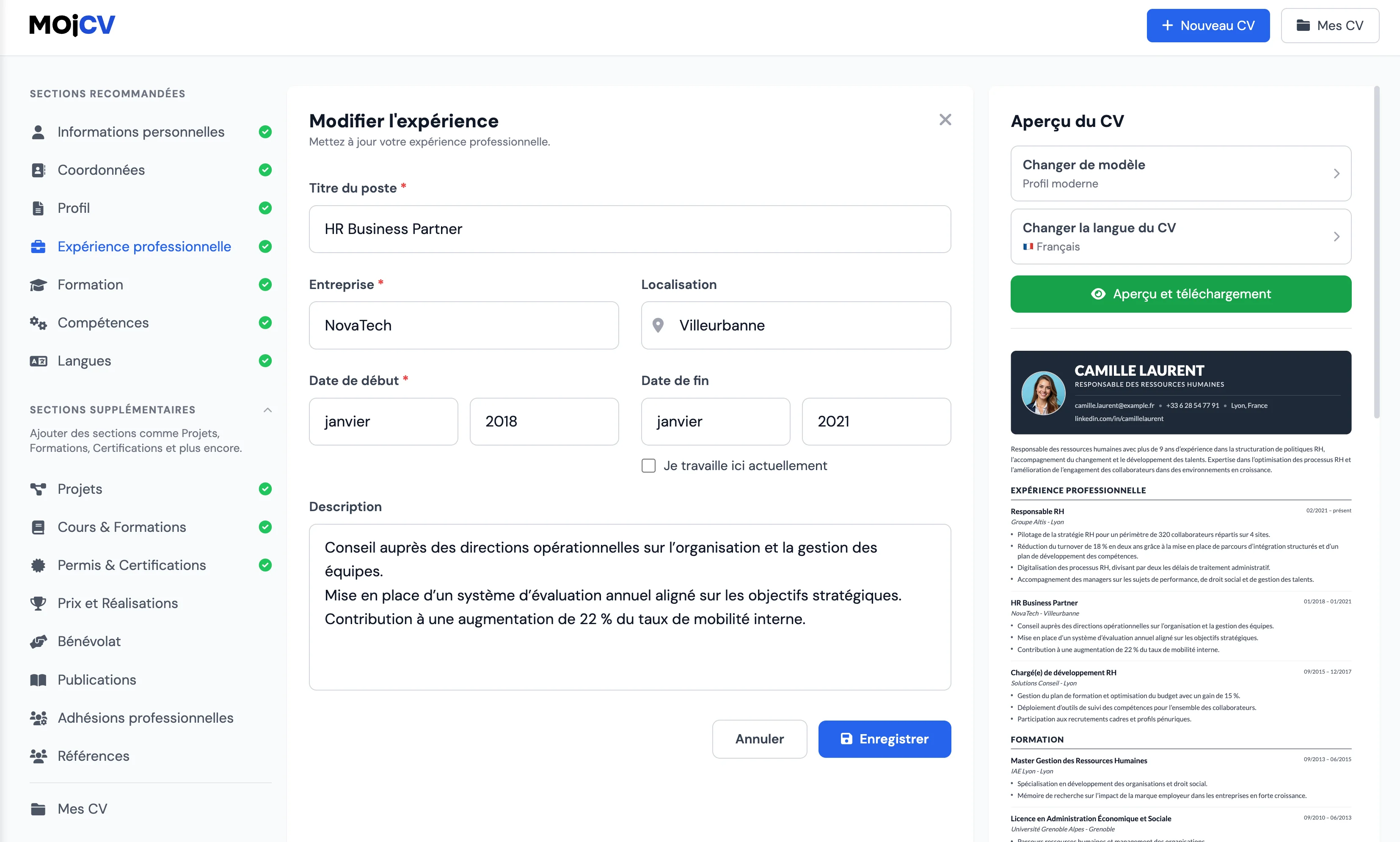 Saisie des expériences et compétences dans l'editor MojCV