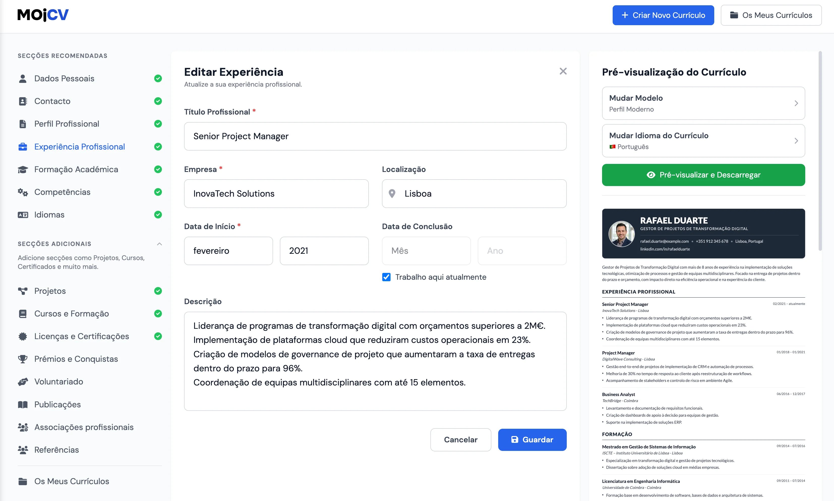 Preenchimento de experiência e competências no editor MojCV