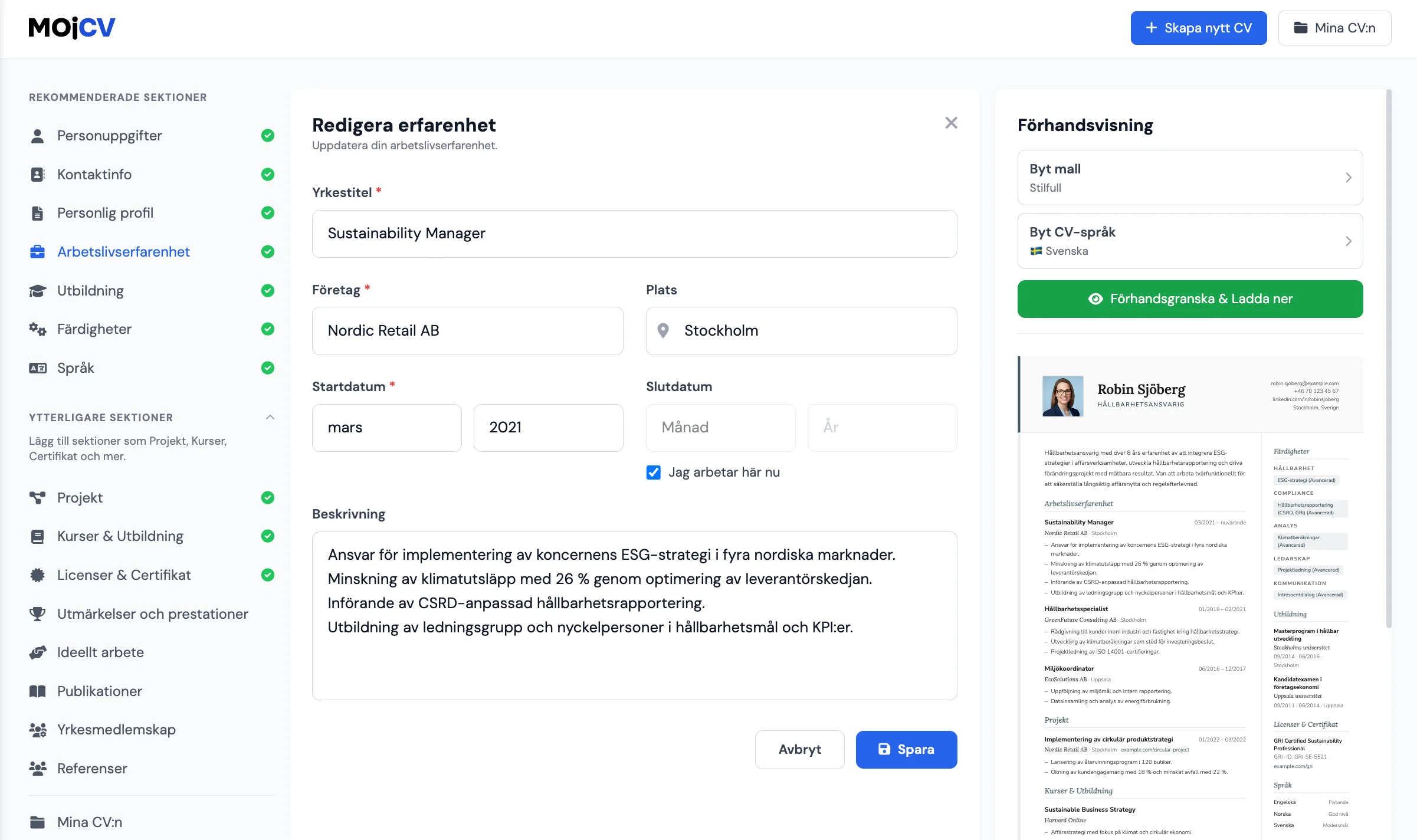 Fylla i arbetslivserfarenhet och färdigheter i MojCV CV-byggaren