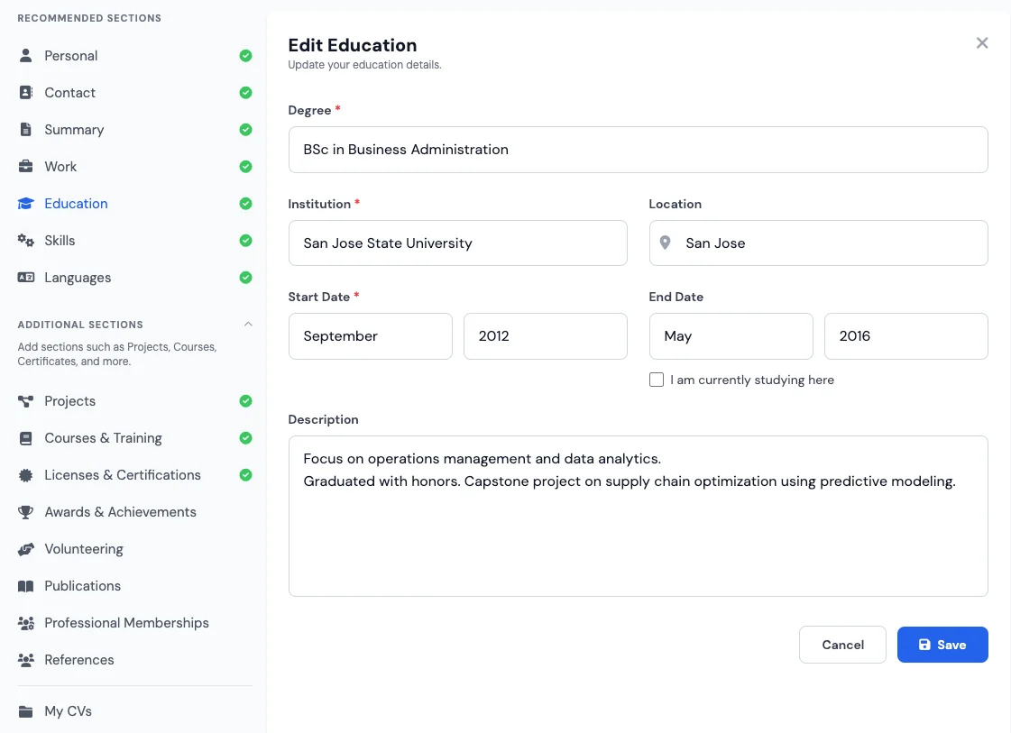 Education section in a free CV and resume builder