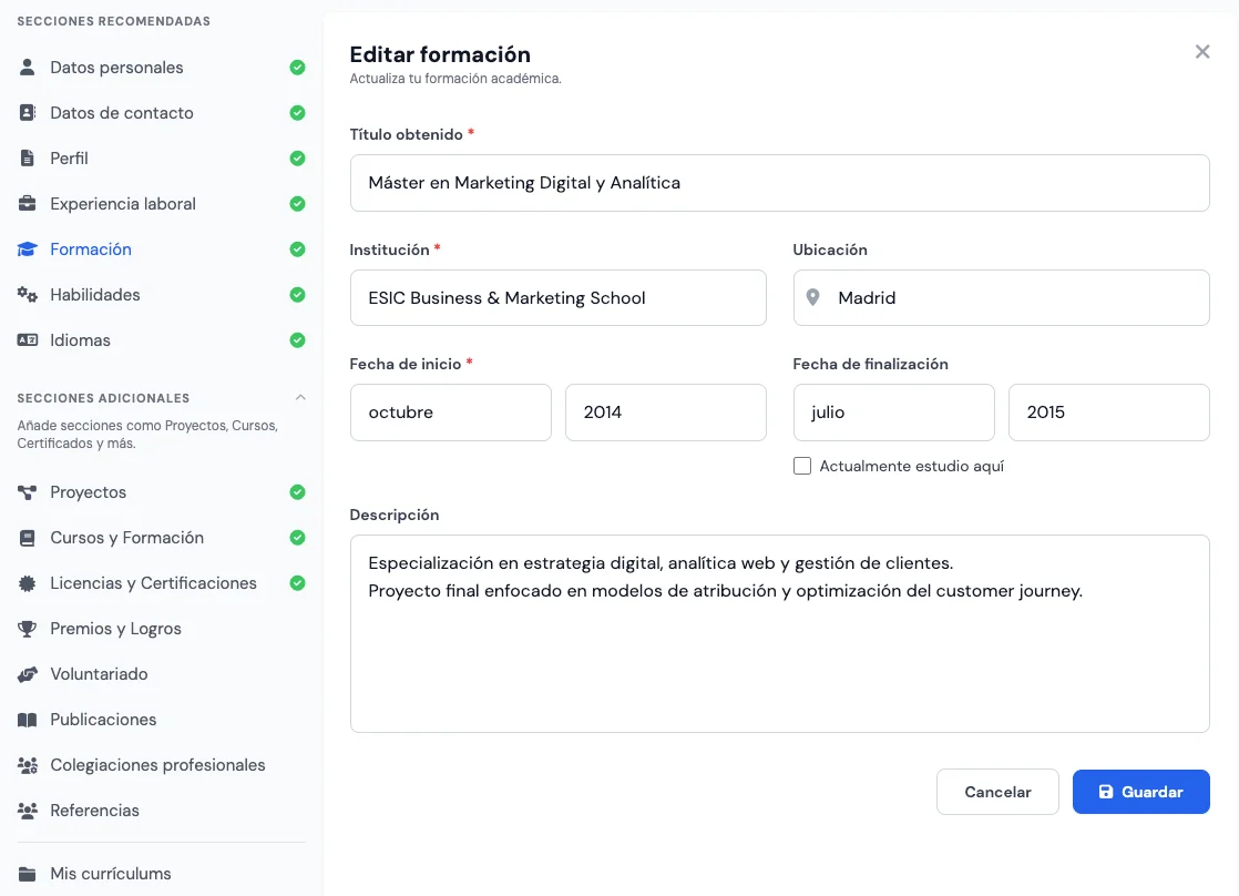 Sección Formación en el creador de currículum gratuito