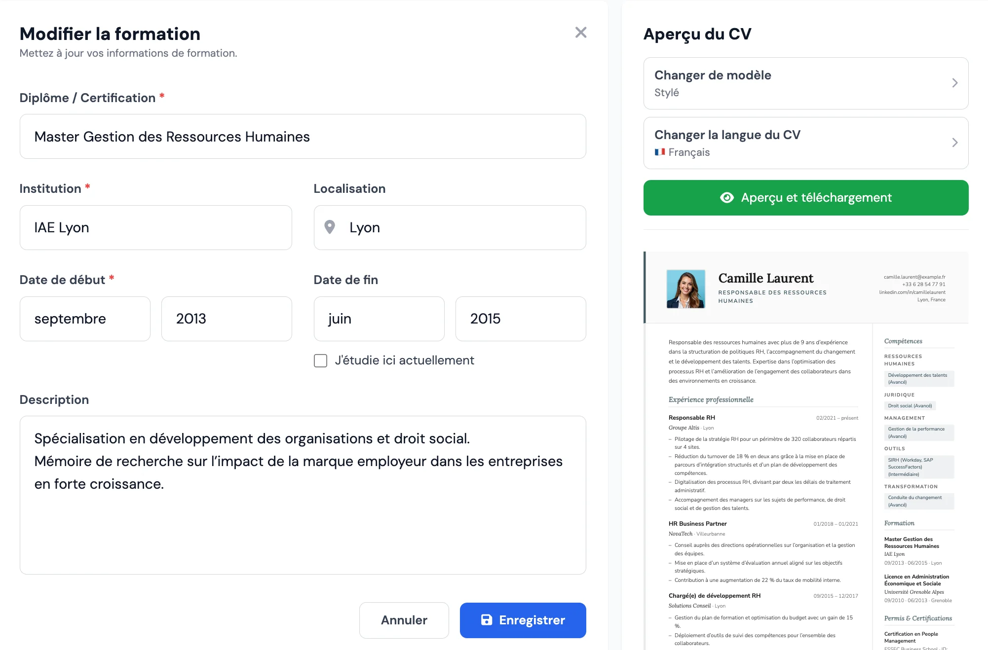 Rubrique formation dans le CV sur MojCV
