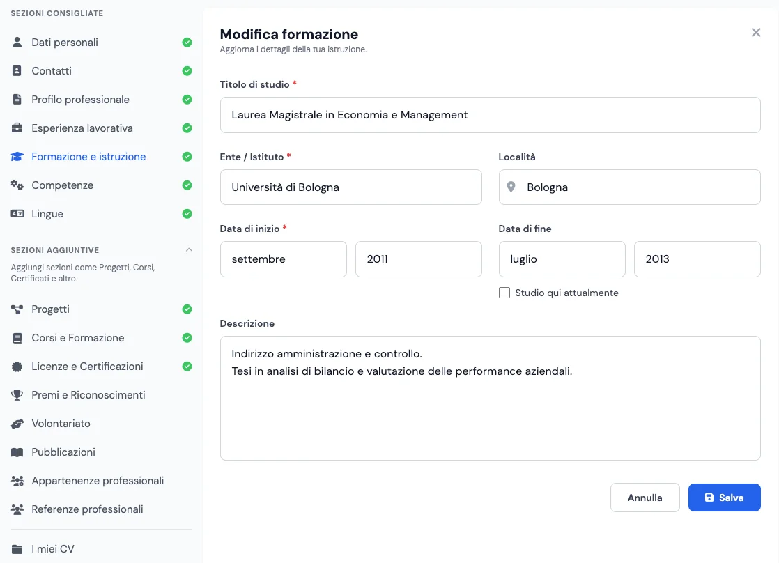 Sezione Formazione e istruzione nel creatore di curriculum vitae gratuito