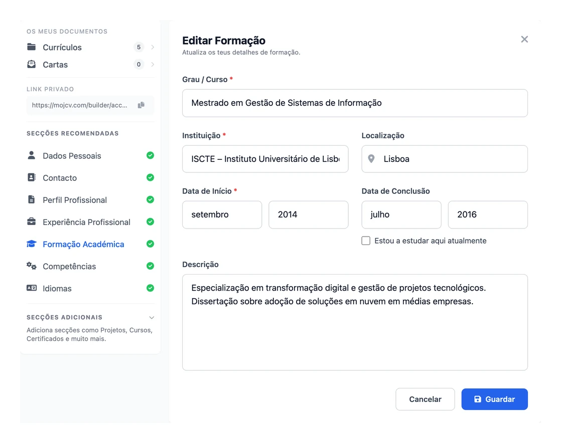A secção Formação Académica no criador de CV grátis